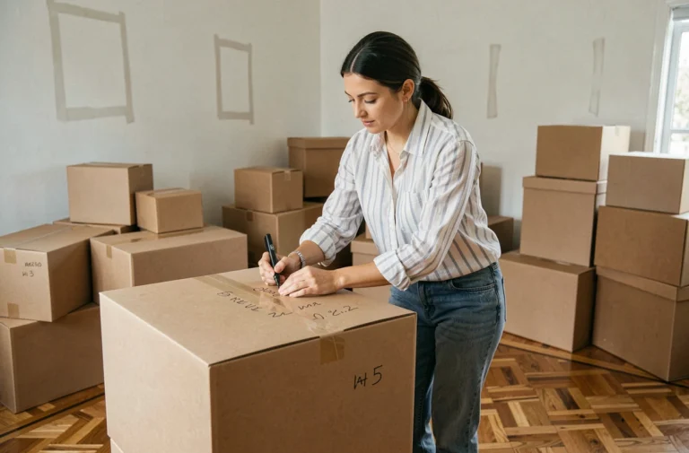 Femme organisant des cartons de déménagement étiquetés dans un salon en cours de vidage