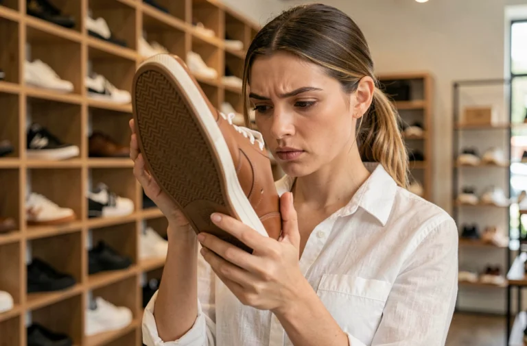 Femme inspectant attentivement la semelle d'une chaussure en cuir pour détecter une éventuelle contrefaçon en boutique