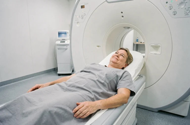 Femme allongée dans une IRM ouverte dans une salle d'imagerie médicale moderne, expression sereine et détendue