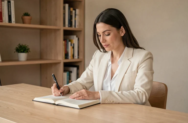 Femme en pleine séance d'écriture dans un journal de développement personnel dans un bureau minimaliste