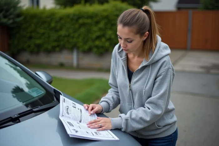 Femme consultant un manuel de réparation pour changer les feux diurnes de sa Peugeot 308 grise