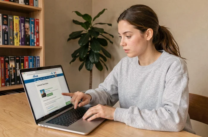 Jeune femme naviguant sur le plan du site d'une plateforme de jeux vidéo depuis son bureau à domicile