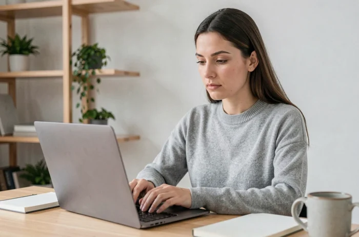 Femme concentrée qui optimise un contenu web avec un compteur de caractères sur son ordinateur portable dans un bureau moderne