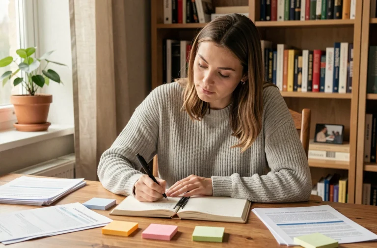 Jeune femme réfléchissant à son orientation professionnelle en prenant des notes dans un carnet, entourée de fiches de bilan de compétences dans un bureau à domicile