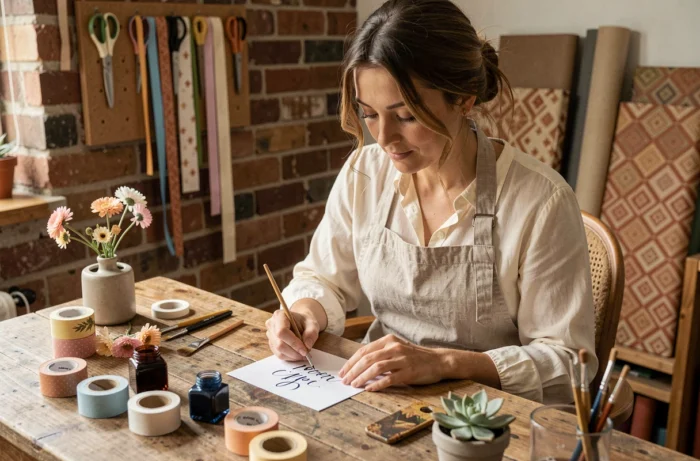 Femme créant de la papeterie artisanale dans un atelier cosy avec des fournitures faites main
