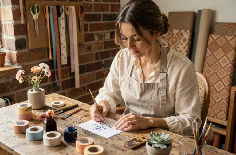 Femme créant de la papeterie artisanale dans un atelier cosy avec des fournitures faites main
