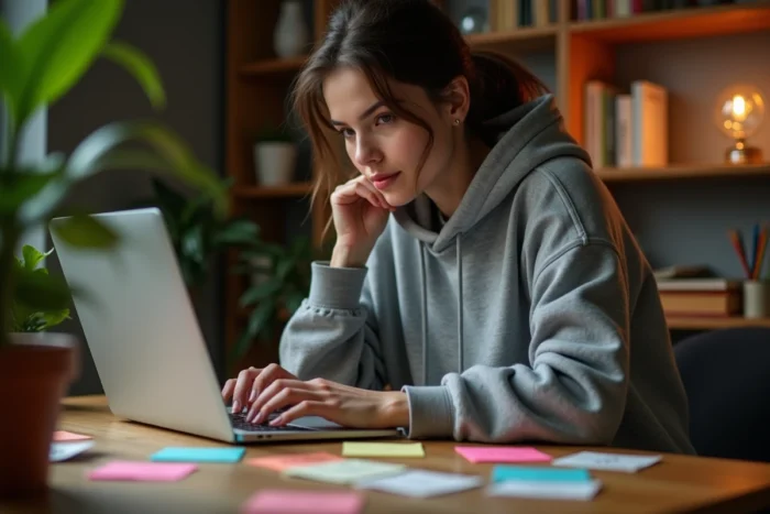 Jeune femme intriguée tapant sur un ordinateur portable entouré de notes manuscrites avec des fragments de mots mystérieux