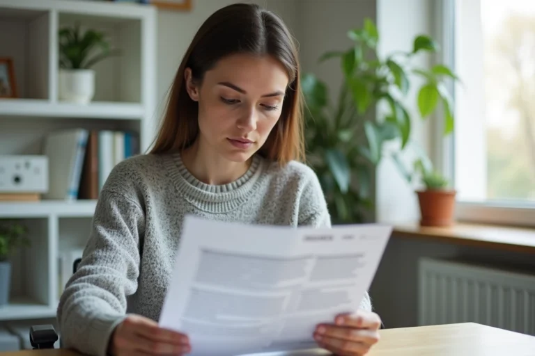 Femme consultant son relevé d'information assurance auto Direct Assurance à son bureau à domicile