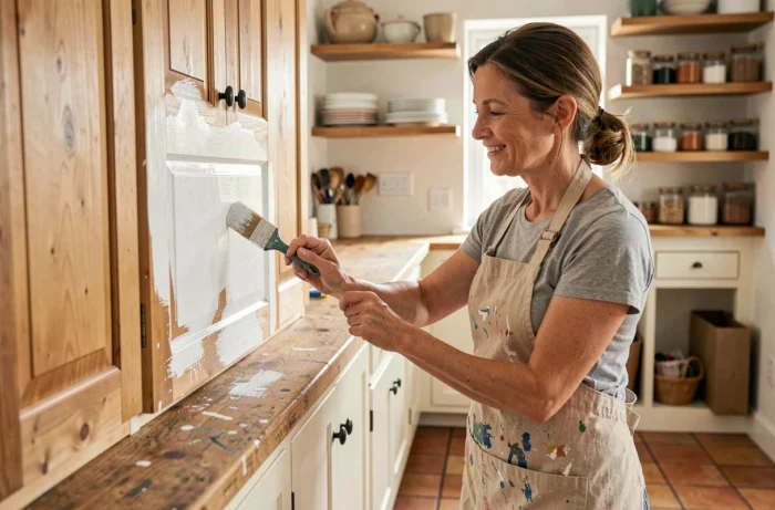 Femme rénovant un meuble de cuisine en appliquant de la peinture blanche, idée amélioration maison