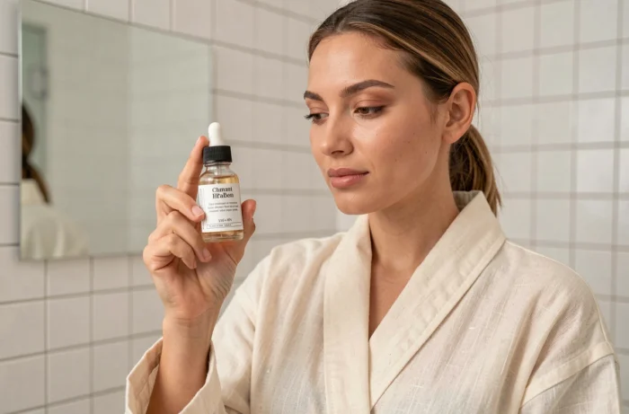 Femme inspectant un sérum Typology dans sa salle de bain avec une expression naturelle et concentrée