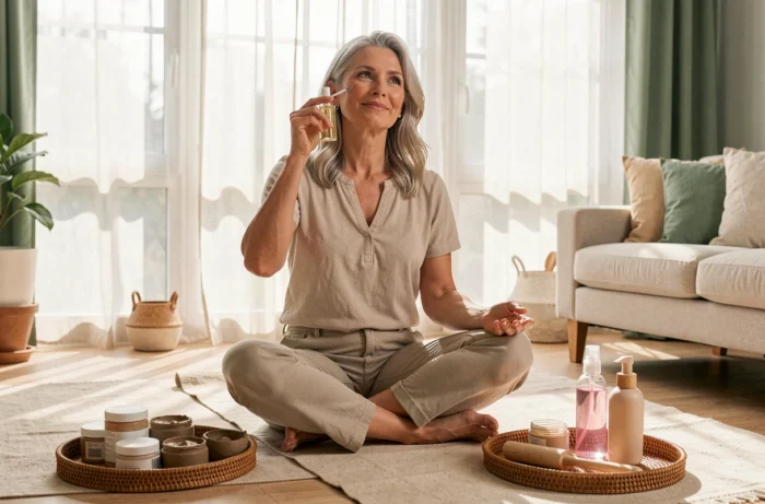 Femme d'âge mûr appliquant une huile visage sur un tapis de yoga entourée de produits de beauté naturels et biologiques dans un salon lumineux