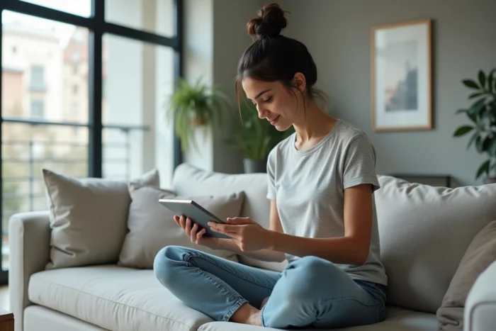 Femme naviguant sur une tablette depuis son canapé pour trouver l'adresse actuelle d'un site de streaming en 2023
