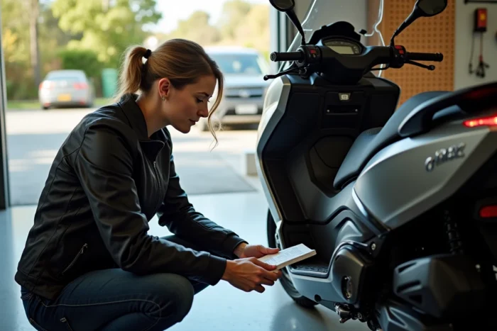 Motarde consultant le manuel du propriétaire du Yamaha TMAX 530 pour vérifier le type de carburant recommandé