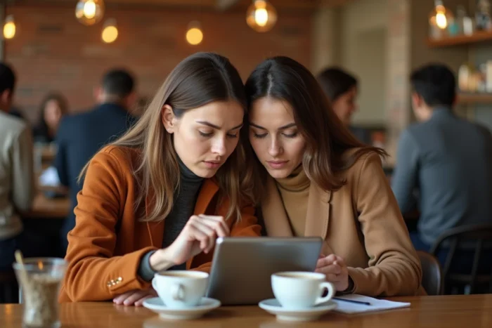 Deux femmes discutant d'avis clients problématiques sur une tablette dans un café
