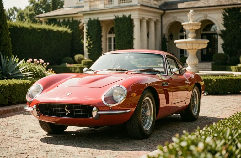 Ferrari 250 GTO rouge vintage garée devant un manoir privé, voiture mythique de célébrité