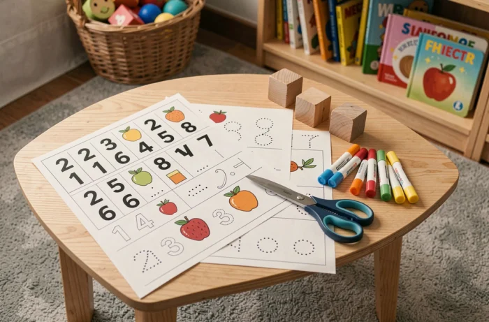 Fiches de comptage imprimées pour la petite section maternelle avec cubes en bois et marqueurs colorés sur une table
