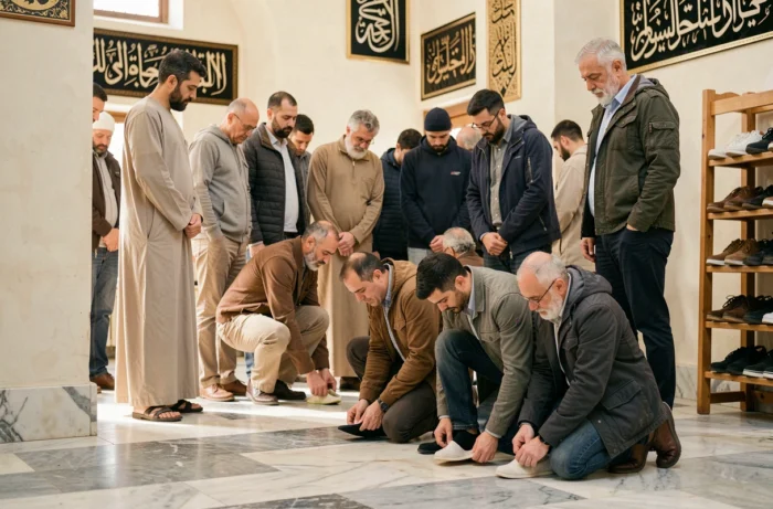 Fidèles musulmans se préparant à la prière à l'entrée d'une mosquée à Montpellier