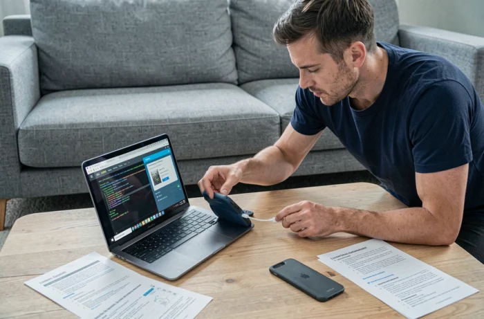 Homme connectant une tablette à un ordinateur portable pour flasher une distribution Linux
