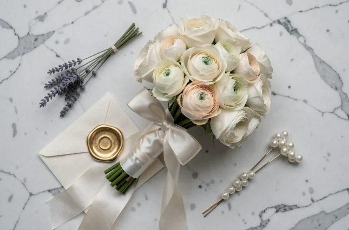 Flat lay de mariage avec bouquet de roses ivoire, bague, ruban de soie et accessoires dorés sur marbre blanc