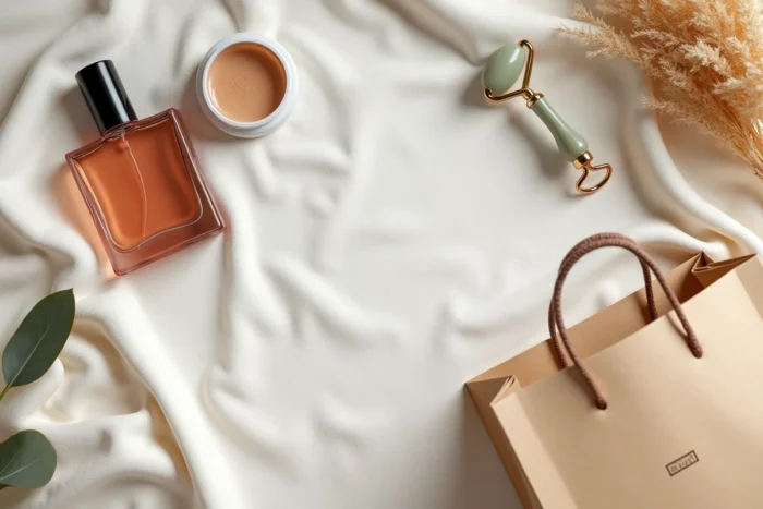 Flat lay de produits de beauté tendance incluant un parfum sculpté, un rouge à lèvres terracotta et un rouleau jade sur surface en lin texturée