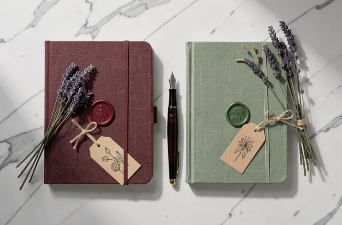 Flat lay d'accessoires de papeterie faits main sur marbre blanc avec carnets et tampons de cire