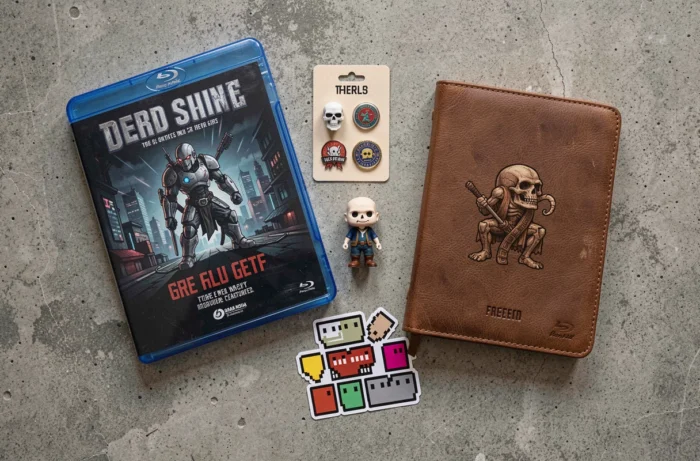 Flatlay de cadeaux geek et objets pop culture sélectionnés pour les fans, vue de dessus