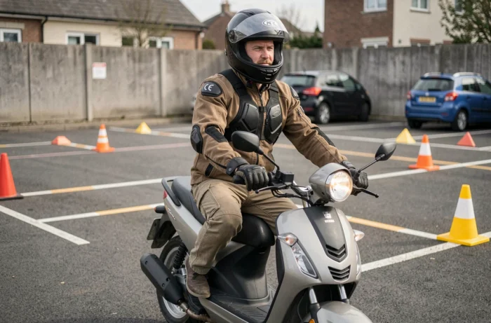 Homme en tenue de motard portant un casque intégral assis sur un scooter 125cc dans un centre de formation à la conduite