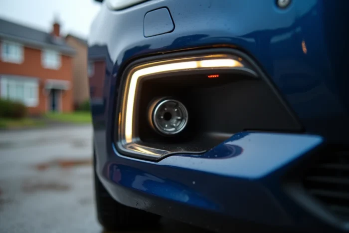 Gros plan sur un feu diurne LED démonté d'une Peugeot 308 tenu à la main