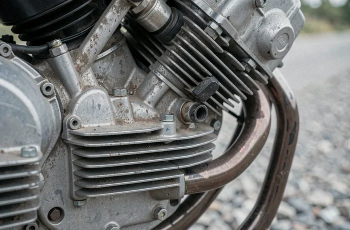 Gros plan sur les ailettes de refroidissement et le bloc moteur de la Moto Guzzi V85 TT pour prévenir la surchauffe