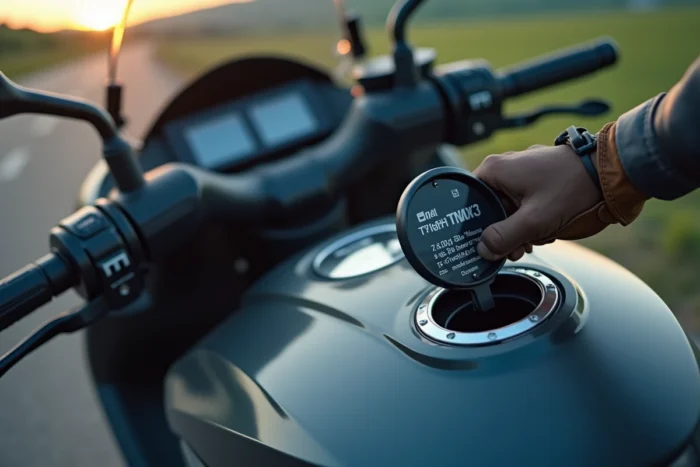 Gros plan sur la trappe du réservoir d'un Yamaha TMAX 530 avec l'étiquette d'indication de carburant visible
