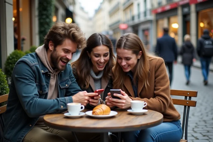 Groupe de jeunes personnes sur une terrasse de café parisien réagissant avec curiosité à un phénomène viral sur leurs smartphones
