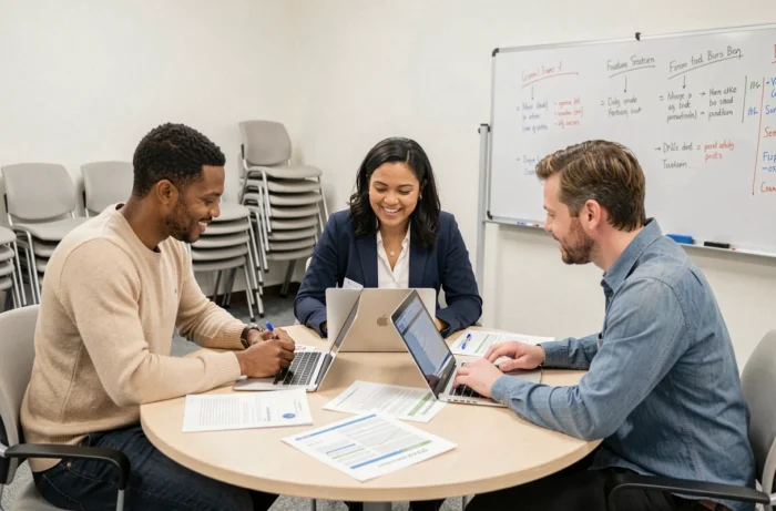 Groupe de professionnels en formation collaborative autour d'une table dans une salle de séminaire