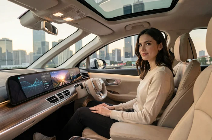 Femme assise dans l'habitacle futuriste d'une voiture autonome concept avec tableau de bord OLED et toit panoramique