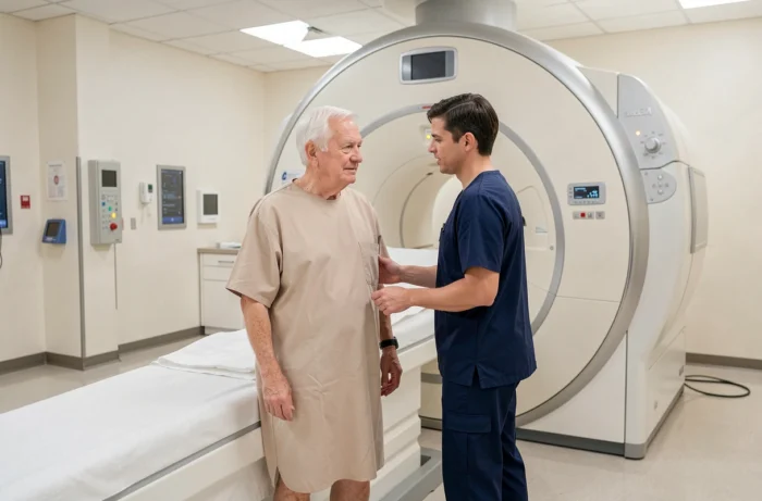Homme âgé accompagné par un technicien médical vers une IRM ouverte dans un centre de radiologie moderne