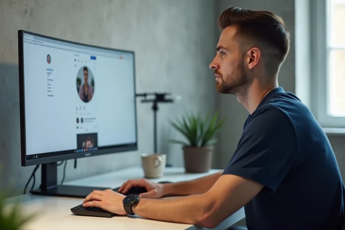 Homme utilisant un ordinateur pour agrandir et modifier la photo de profil Instagram depuis un bureau