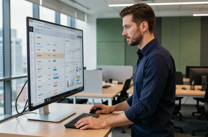 Homme debout devant un écran d'ordinateur analysant des données de compteur de caractères pour optimiser du contenu web dans un open space professionnel
