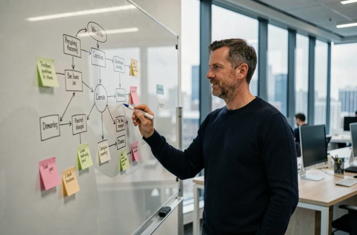 Homme présentant une architecture de site web sur un tableau blanc dans un espace de coworking