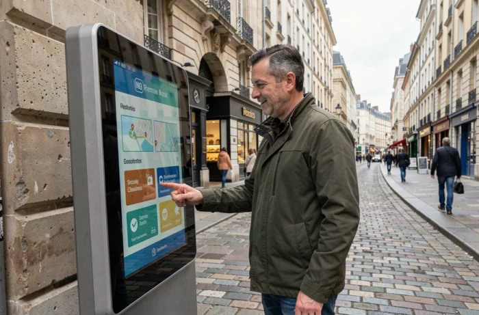 Homme utilisant une borne numérique de services en ville dans une rue du centre de Rennes, innovation urbaine et technologie
