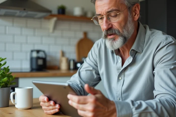 Homme consultant sa messagerie Dbmail Darty sur une tablette dans une cuisine moderne