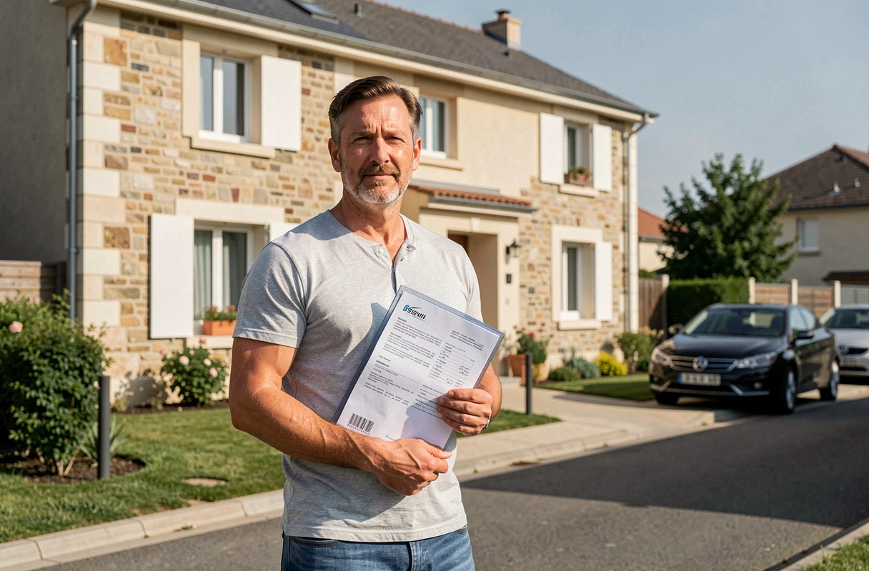 Un homme tient des documents de financement immobilier devant sa future maison en France