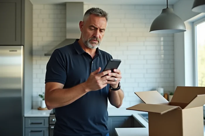 Homme frustré tenant son smartphone après réception d'un colis d'achat en ligne non conforme