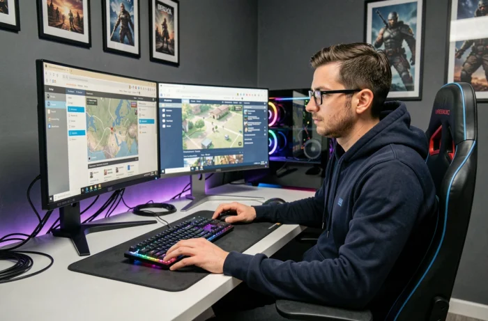 Homme avec lunettes étudiant le plan de navigation d'un site de jeux vidéo sur double écran dans une salle de gaming