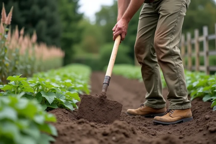 Homme travaillant la terre avec une houe à long manche dans un jardin ouvrier entre des rangs de haricots