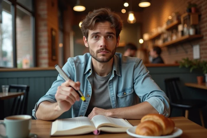 Jeune homme lisant un guide de grammaire française dans un café avec un surligneur à la main, représentant l'apprentissage autonome des nuances grammaticales comme je serai et je serais