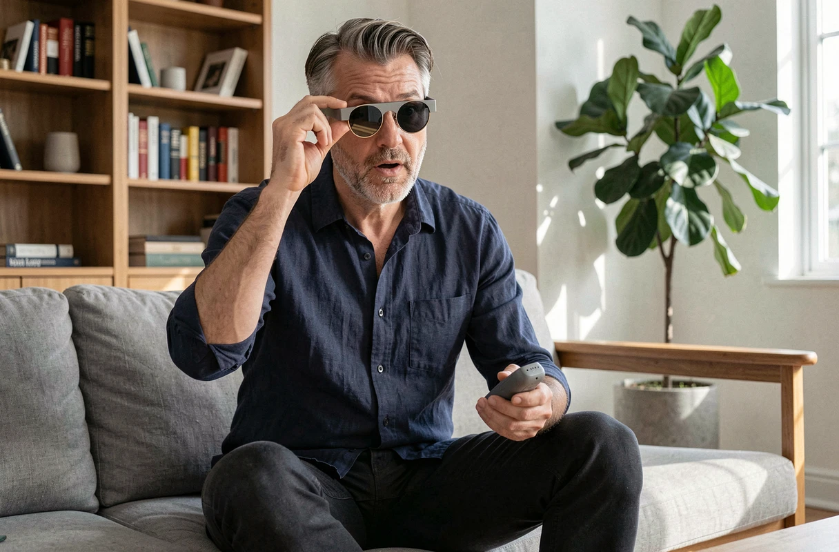 Homme d'âge moyen testant des lunettes de réalité augmentée dans un appartement moderne et chaleureux