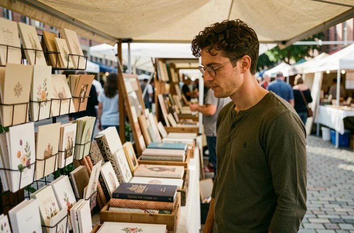 Homme parcourant des articles de papeterie artisanale sur un marché créatif en plein air