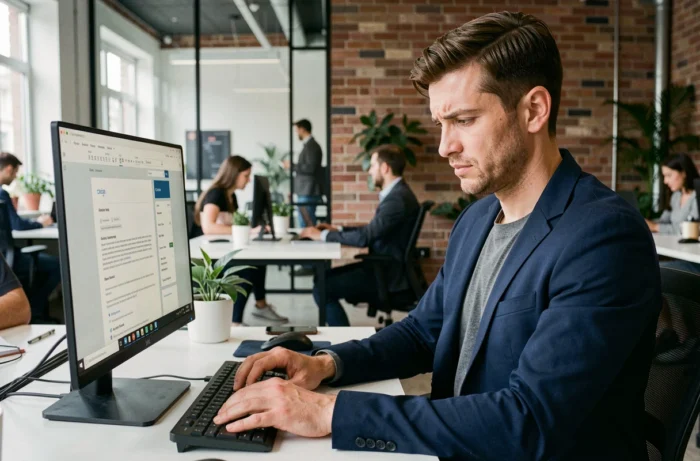 Homme en train de modifier son CV en ligne dans un espace de coworking moderne