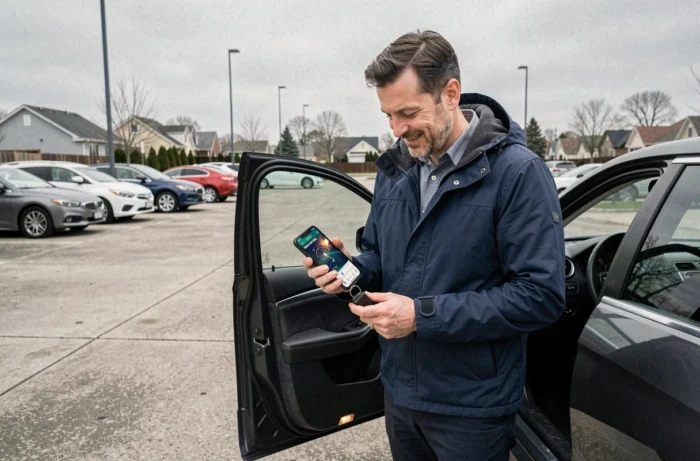 Homme debout près de sa voiture dans un parking consultant l'itinéraire Waze avec la voix de Dark Vador configurée