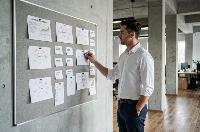 Homme dans la trentaine organisant des fiches de métiers sur un tableau de planification dans un espace de coworking moderne pour préparer son orientation professionnelle