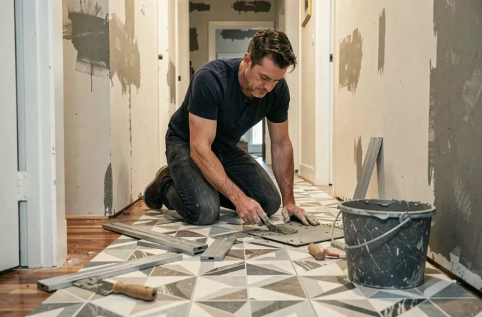 Homme posant du carrelage géométrique dans un couloir de salle de bain, travaux de rénovation intérieure